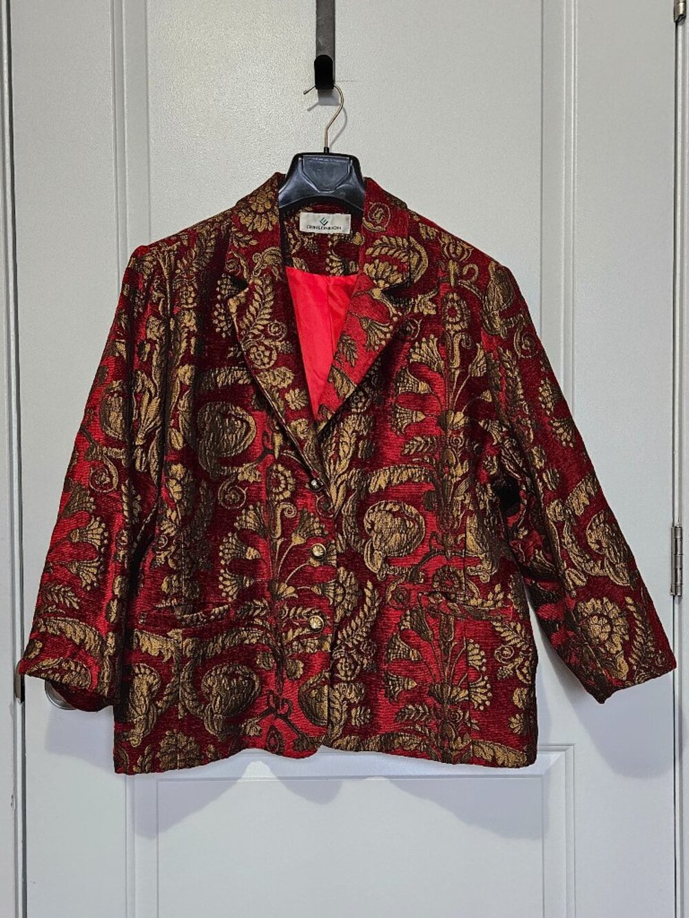 Vintage Erin London Metallic Gold Damask Brocade Floral Tapestry Blazer